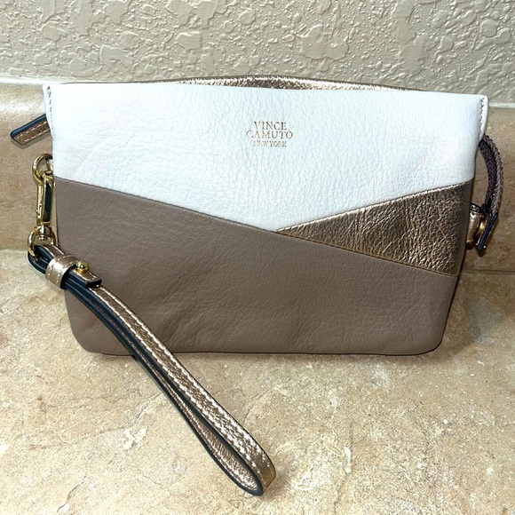 Vince Camuto New York Tan and Gold Wristlet Clutch Modern Design - Picture 13 of 13